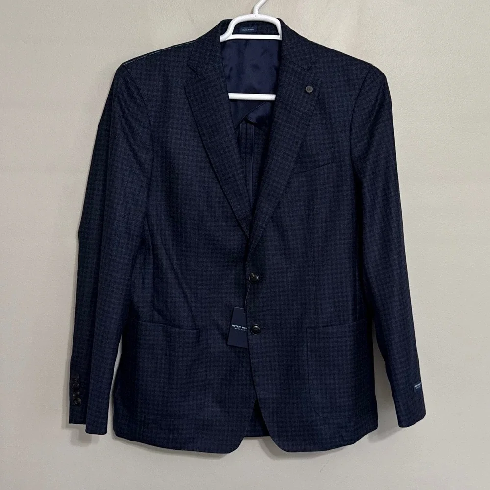 NEW Peter Millar Mens 42L Crown Crafted Navy Wool Silk Cashmere Check Blazer